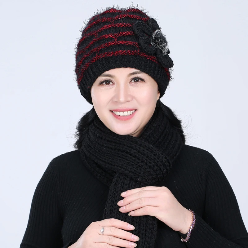 

Lady Winter Warm Knitted Cap and Scarf Elder Knitting Wool Hat + Scarf Mother Fashion Winter Cap 2pcs New Year Gift B-4578