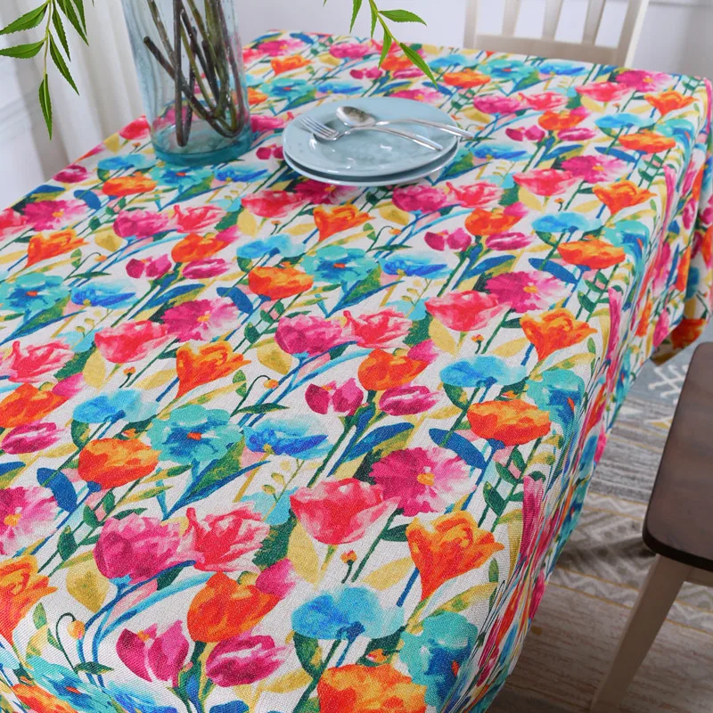 

Ink Printing Tulip Tablecloths Stylish Thick Cotton Linen Rectangular Table Cloth Creative Linen Table Cover