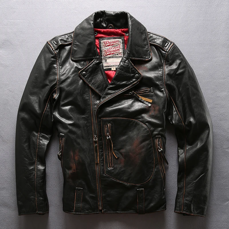 Новое поступление, Мужская винтажная куртка из натуральной кожи, облегающая, Воловья кожа, мотоциклетная байкерская куртка для мужчин, черное пальто - Цвет: Черный