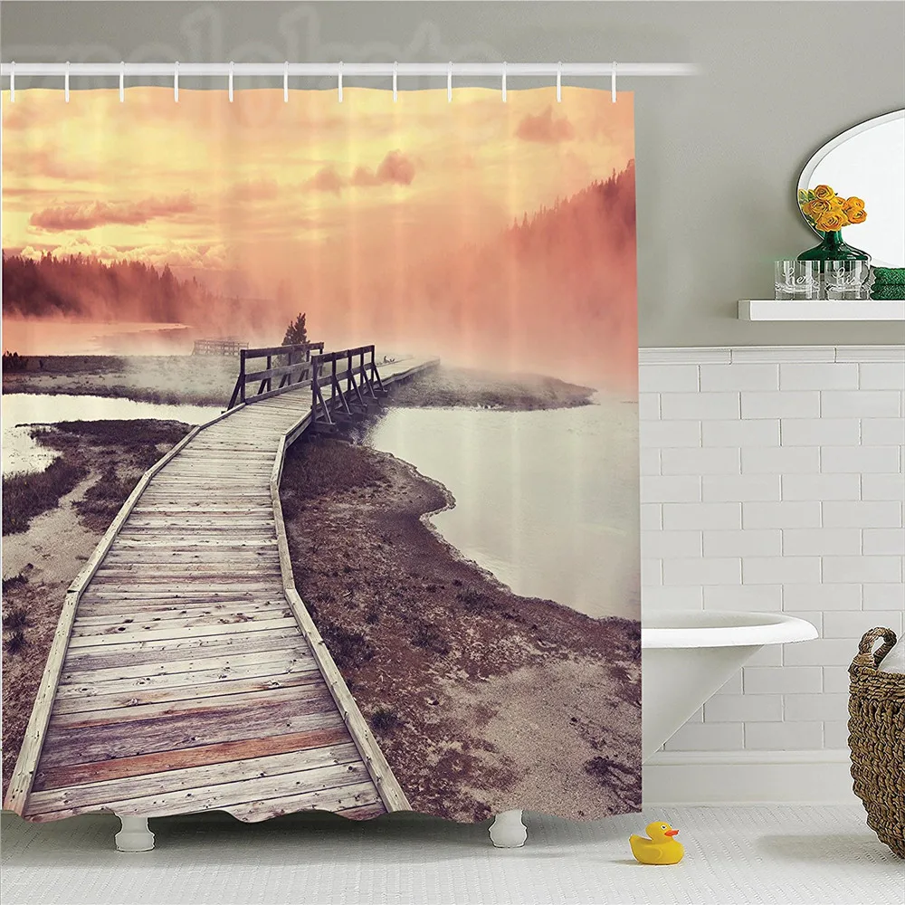 Yellowstone Decor Shower Curtain Set Wooden Pathway Deck to a Steamy