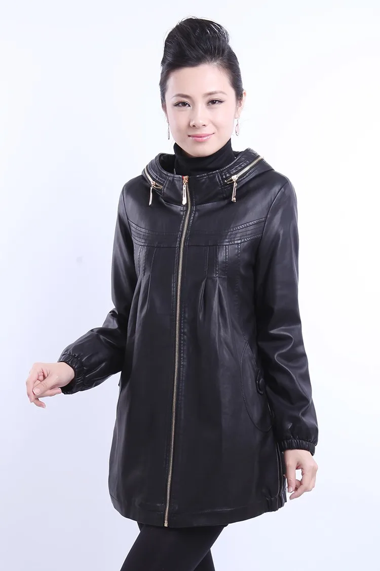 Большой размер 5XL Длинная кожаная куртка для женщин зима и осень кожаная одежда с капюшоном для женщин зимнее кожаное пальто черного цвета