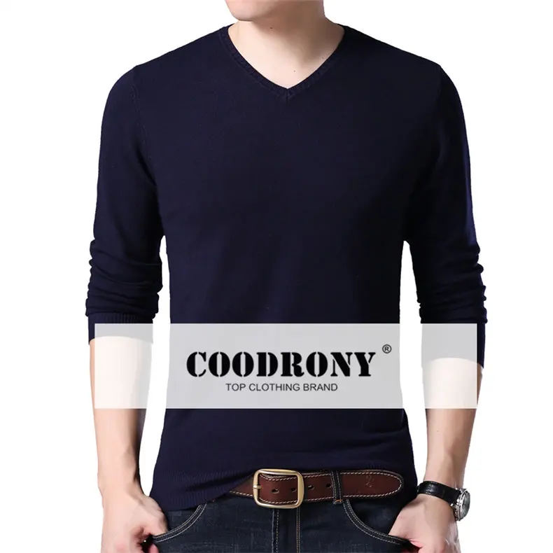 Свитер COODRONY, пуловер, Мужская одежда, осень-зима, вязанный шерстяной свитер, приталенный, чистый цвет, Повседневный, v-образный вырез, Pull Homme 8214