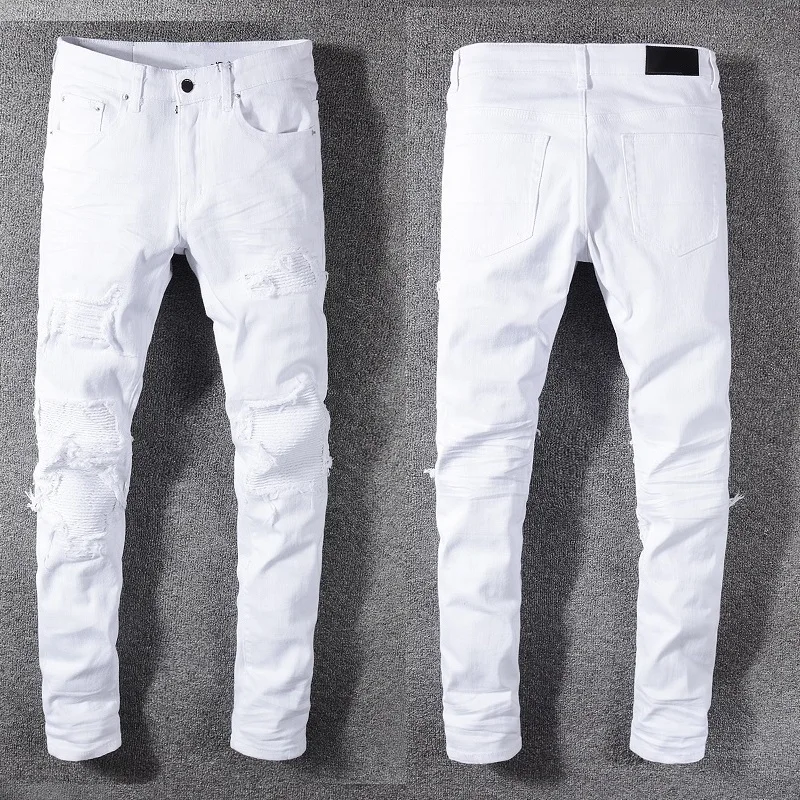 

New Italy Style #592# Mens Distressed Destroy Pants Knee Ribbed Patches Pure White Denim Skinny Jeans Slim Trousers Size 28-40