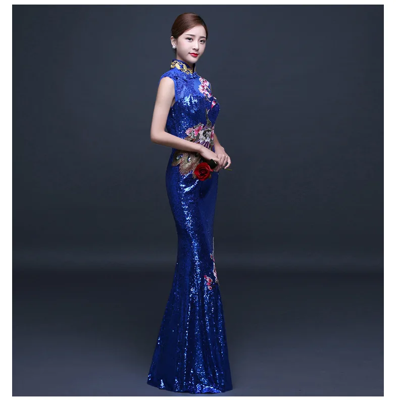 Red Chinese Wedding Dress Female Long Cheongsam Gold Slim Chinese Traditional Dress Women Qipao for Wedding Party embroidery