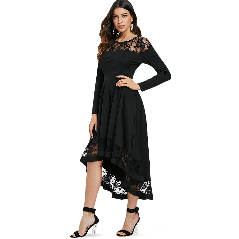 VESTLINDA Lace Dress Women O Neck Long Sleeve Dress 2018 Autumn A Line High Waist Midi Vestidos Solid Black Casual Ladies Dress 9