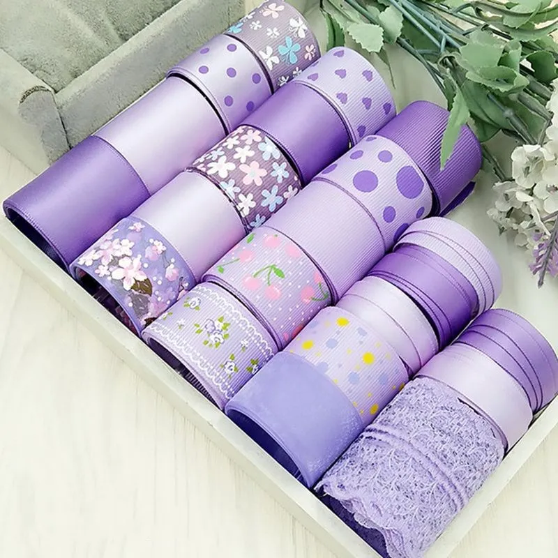 

Newest Mix 22 Styles Light Purple Printed Grosgrain Satin Ribbon Set For Webbing Decoration Tapes Diy Hairbow Accessories