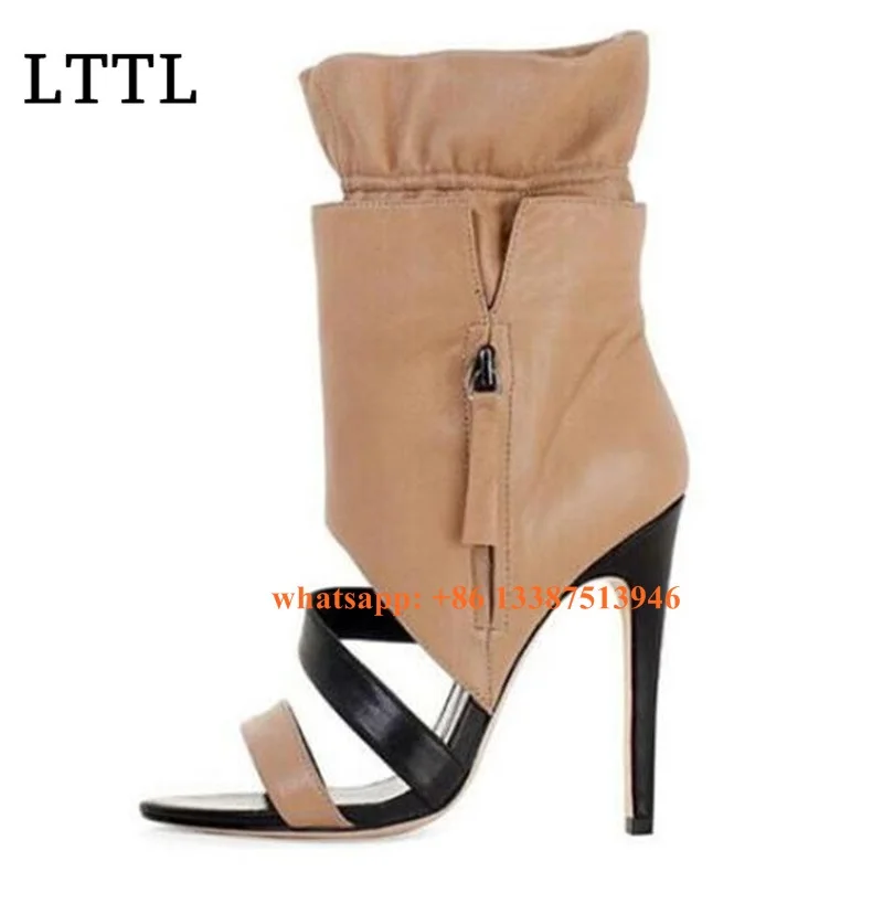 Free Shipping Women Fashion Open Toe Strap Design Ankle Wrap High Heel Boots Mid-calf Bandage Gladiator Boots Dress Shoes