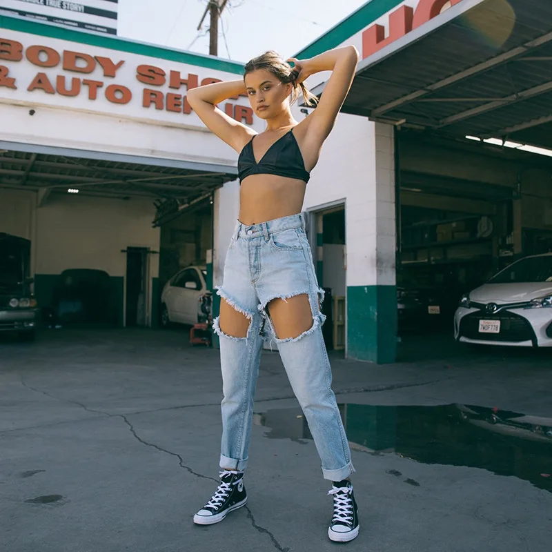 

2019 Spring Fringed Hole Women's Jeans Women's Full Length Cotton Distressed High Waist Bleached Washed Vintage Plus Size Jeans