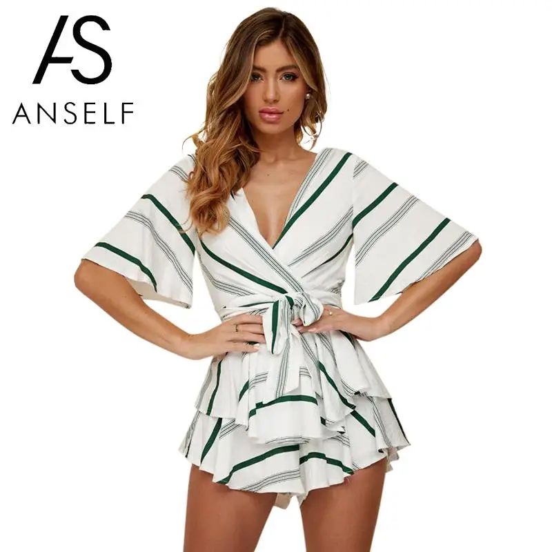 

2019 Summer Dungarees female Jumpsuit Women Striped Overalls Playsuit Deep V Neck Short Sleeve Tie Waist Sexy Backless Rompers