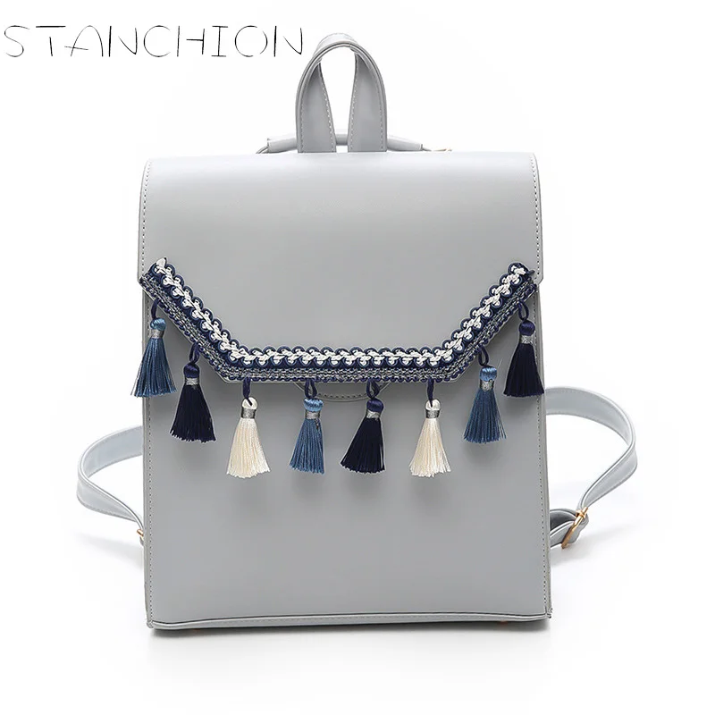 STANCHION Faux Leather Women Backpack Panelled Tassel Big Capacity School Backpacks for Teenage Girls STANCHION Faux Leather Women Backpack Panelled Tassel Big Capacity School Backpacks for Teenage Girls