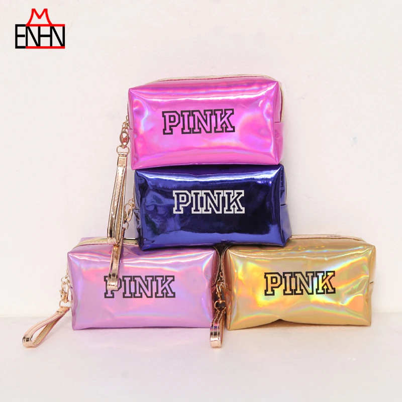 

ENHNM Fashion Letter Pink PU Cosmetic Bag Make Up 2018 New Gold Color Mini Storage Bag Waterproof PortableGirls Simple Small Bag