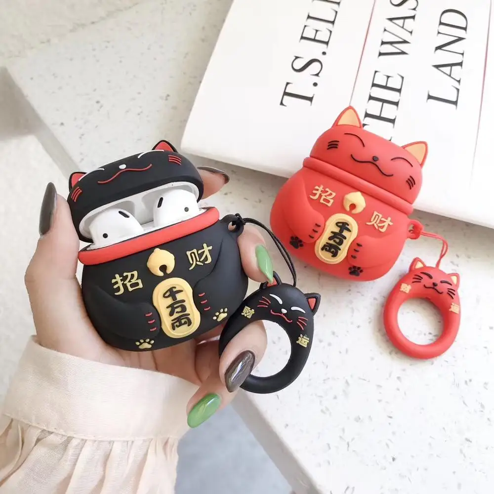 

3 Color Japanese Cartoon Lucky Cat Keychain Headphone Cases For Airpods 1 2 Silicone Case Accessories Protector Cover Keyring