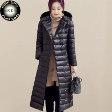 Модный двубортный ультра-светильник, пуховик для женщин, повседневное длинное пальто с капюшоном, Женское зимнее белое пуховое пальто на утином пуху, верхняя одежда