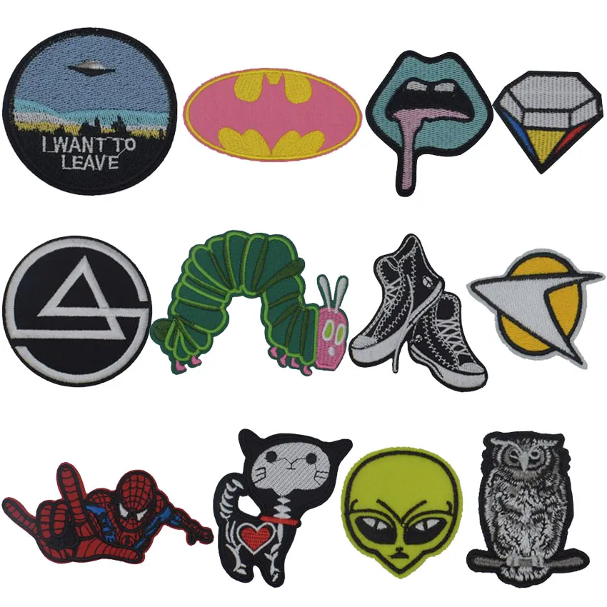 

New Arrival Alien Character Cat Owl Batman Fabric Sticker Badge Embroidered Appliques DIY Skeleton Skull Patches For Clothes