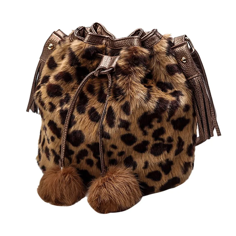 

LITTHING Ladies Crossbody Bag Tassel Fur Ball Fashion Women Shoulder Bag Leopard Plush Fur Hairy Female Bags for Women Winter