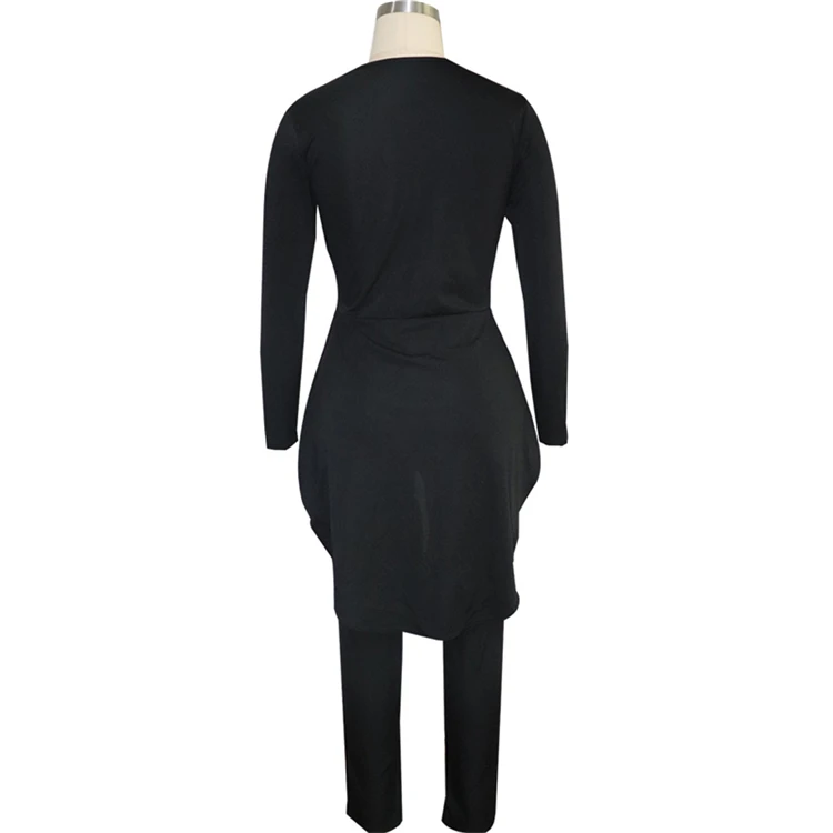 Adogirl/простой черный женский комплект из двух предметов; футболка с рюшами и длинными рукавами; топ+ узкие брюки; модная повседневная одежда; костюмы