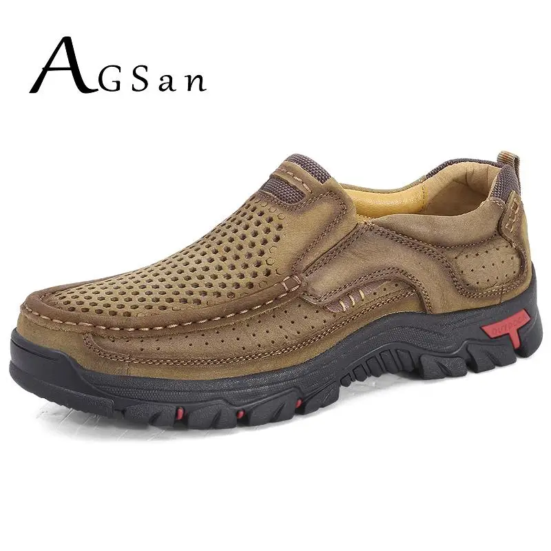 Agsan Designer Genuine Leather Men Shoes Big Size 48 47 Summer Breathable Hollow Full Grain Zapatos Hombre Elastic Band | Обувь