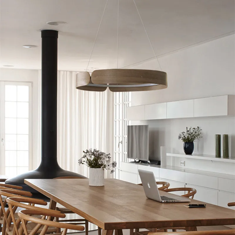 

Nordic Wood Circle Design Dining Room Pendant Lights Creative Living Room Bar Restaurant Led Hanging Light Fixtures