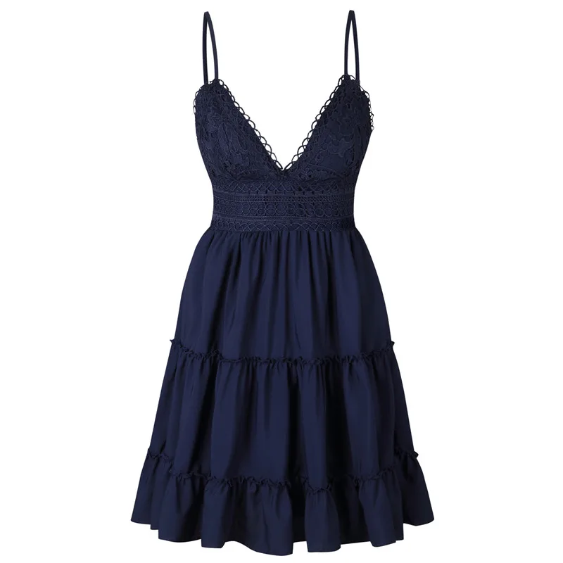 2019 sexy v-neck halter with backless bow lace patchwork pleated dress for women (6)