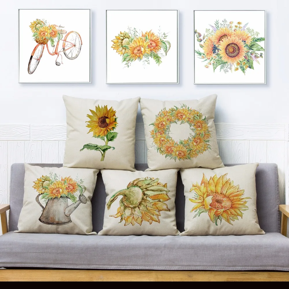 

Watercolor Yellow Sunflower Print Throw Pillow Cover 45*45 Square Cushion Covers Linen Pillow Case Sofa Home Decor Pillows Cases