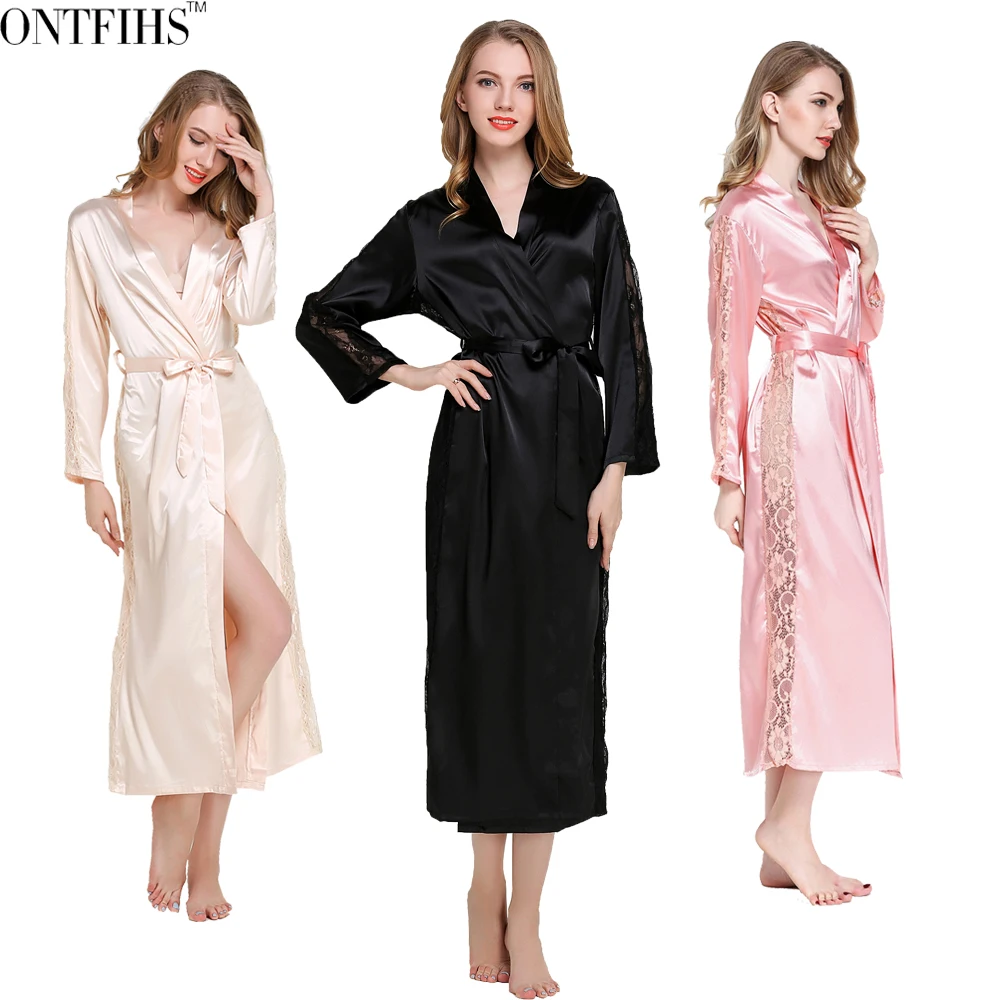 ONTFIHS шелковый атлас Халаты женские пижамы с длинными рукавами Ночное Femme Lounge