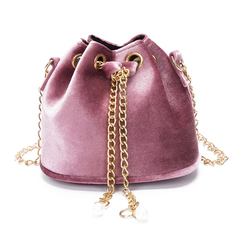 Vintage Mini Drawstring Velvet Women Handbags Pearl Tassel Crossbody