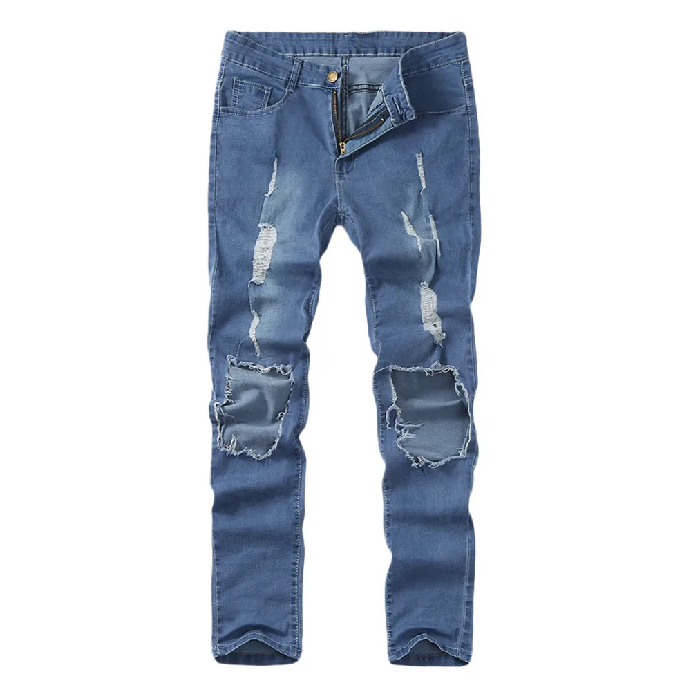 Jogging Trousers For Men Mens Skinny Stretch Denim Pants Distressed Ripped Freyed Slim Fit Jeans Trousers Man Pants Outdoor - Цвет: Blue