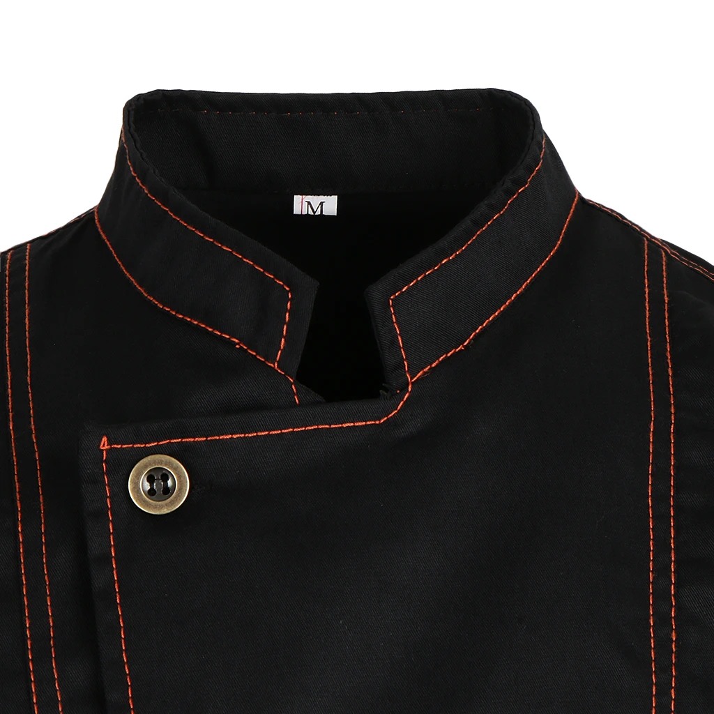 Unisex Topstitched Chef Jacket Coat Single Breasted Short Sleeves Shirt Kitchen Uniform with Mandarin Collar Lfte Pocket