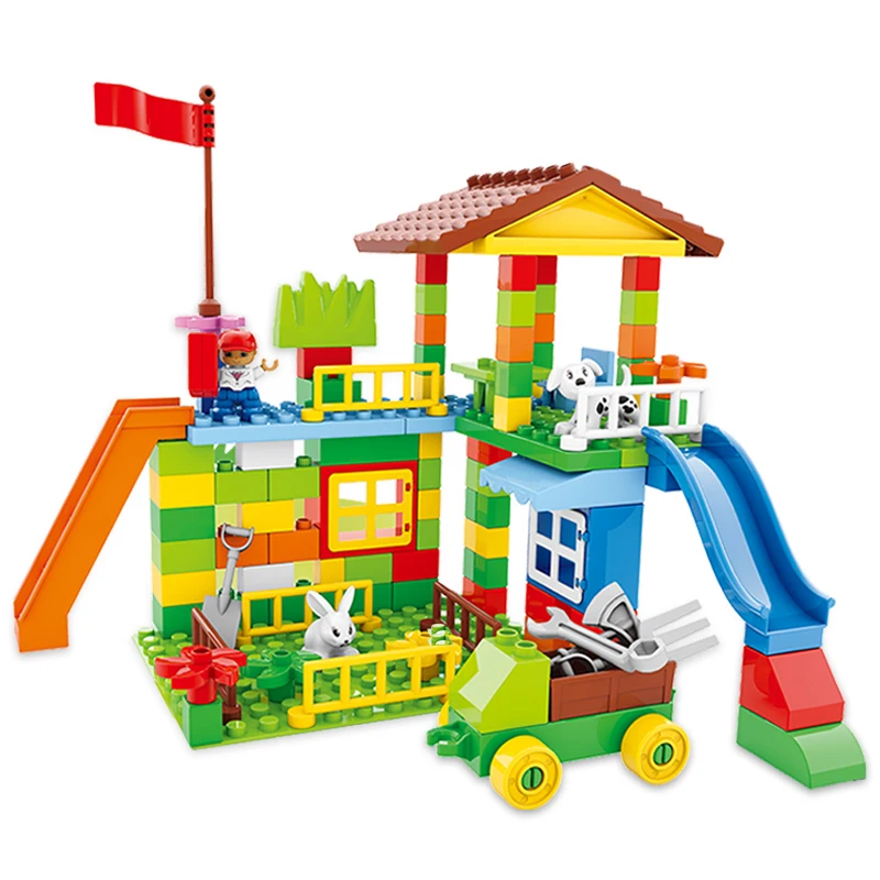 Big Size Diy Building Blocks Happy Town House City Farm Castle Compatible with Legoingly Duplo Slide Toys for Children Baby Gift