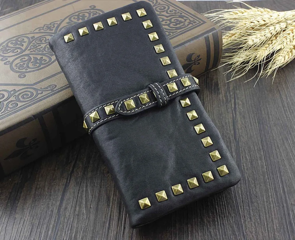 Mens Punk Rock Brass Studded Genuine Leather Long Bifold Money Card