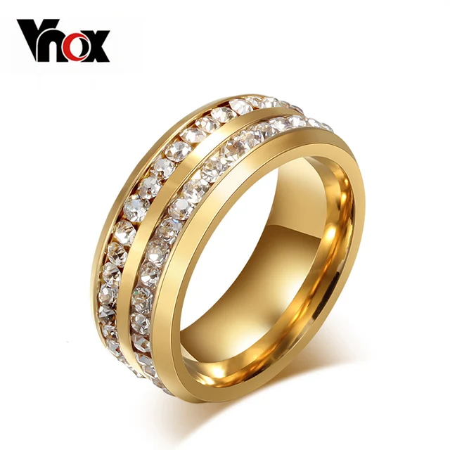 Vnox Two Row Crystal Ring for Women Gold-color Stainless Steel Wedding Elegant A Vnox Two Row Crystal Ring for Women Gold-color Stainless Steel Wedding Elegant A