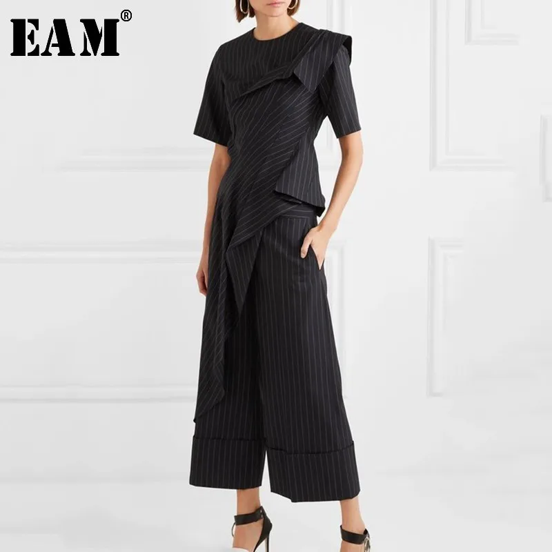 

[EAM] 2019 New Spring Summer Round Neck Short Sleeve Black Loose Ruffles Stitch Striped Irregular T-shirt Women Fashion JL984