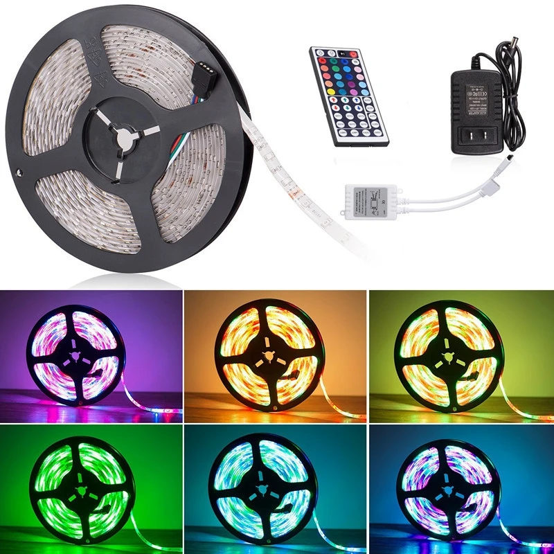 #Best 8 Light Pattern 5M Flexible LED Light Strips SMD 2835 RGB LED Light Strip 44 Keys Remote Control 2A Adapter 300 LEDS EU US PLUG