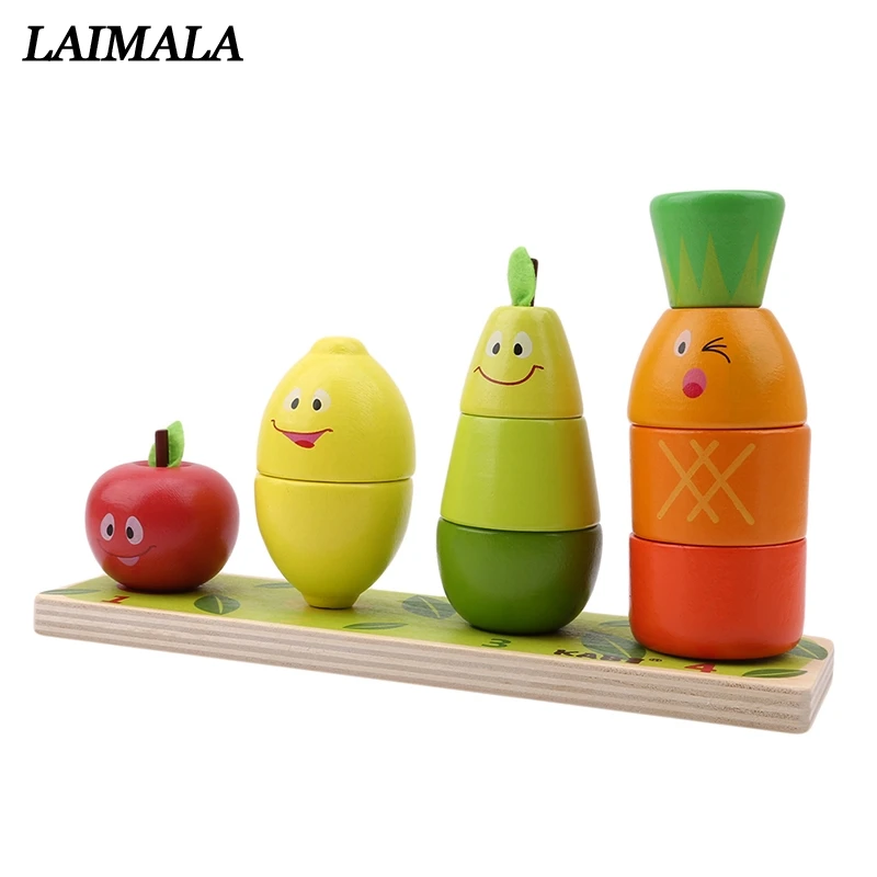 Kids Wooden Educational Toy Fruit Shape Color Sorter Stacking Block
