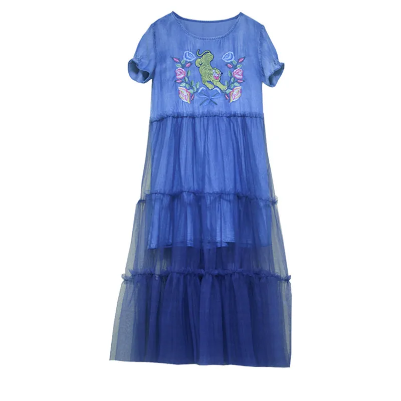Summer Sexy Mesh Dress 2019 Vintage Women Denim Dresses Tiger Embroidery Chiffon Patchwork Vestido O-neck Dress KE82176 (20)