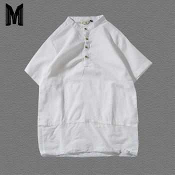 

Cotton Linen Solid White T Shirt Men Stand Neck Casual Pullover Tshirt Male Chinese Style Tees Y1750