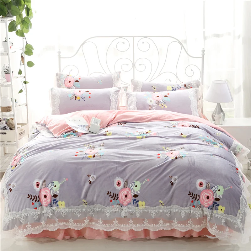 3/4pcs Crystal Flannel Printed Lace Bedding set Warm soft Fleece Duvet cover set Bed skirt Twin Queen King size bed linen