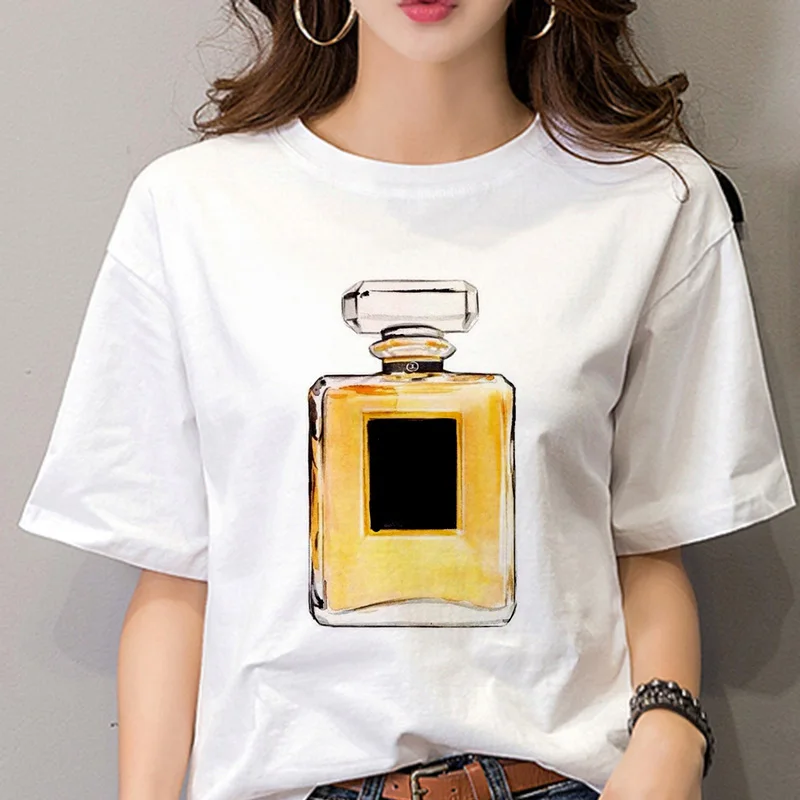 

New Summer 2019 T shirt Women Hand-painted perfume printed Tshirt Harajuku aesthetics Thin Section White Tops Female T-shirt