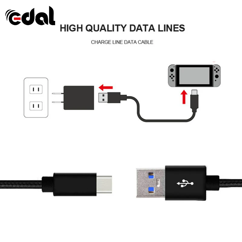 EDAL, новинка, 2 м, черный, тип-c, USB, Реверсивный, кабель для зарядки и передачи данных, линия для Kind Switch, NS, быстрая зарядка, USB 3,0, кабели для зарядного устройства