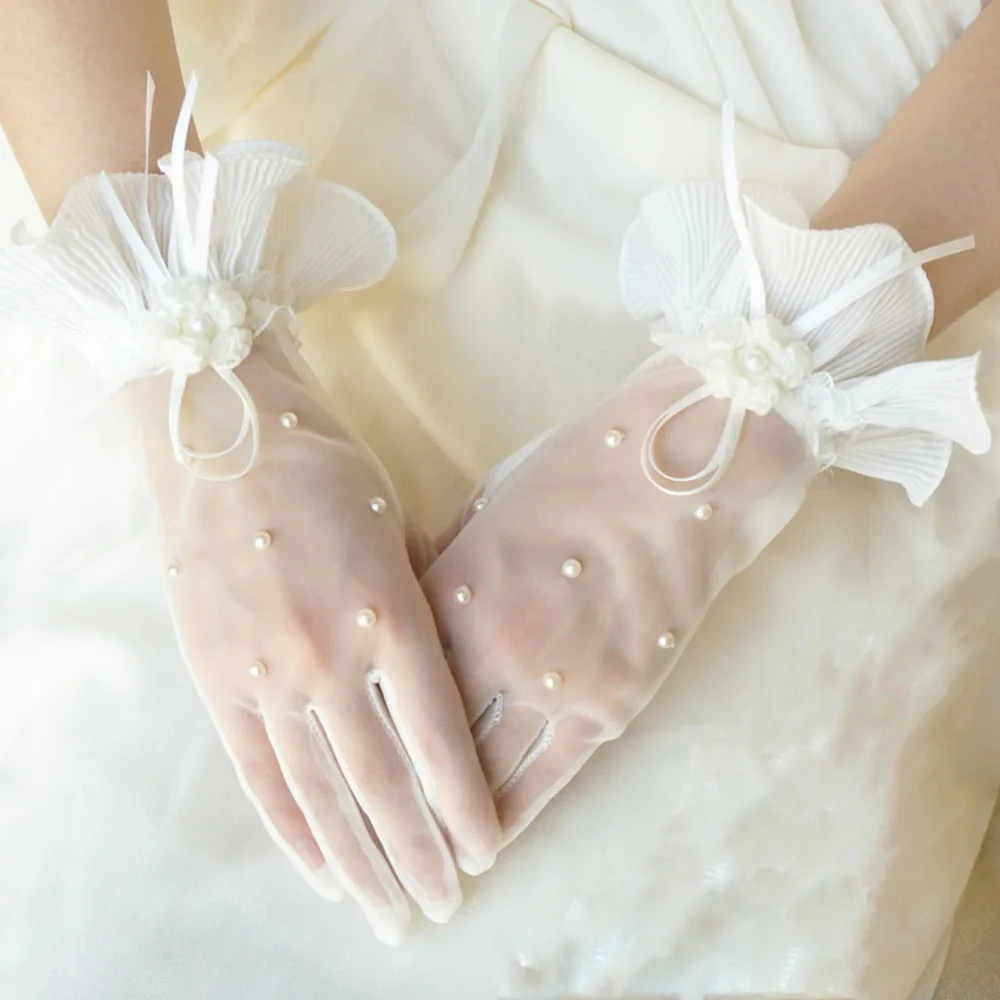 Free Shipping In Stock Cheap Ivory Pearls Short Bridal Wedding Gloves