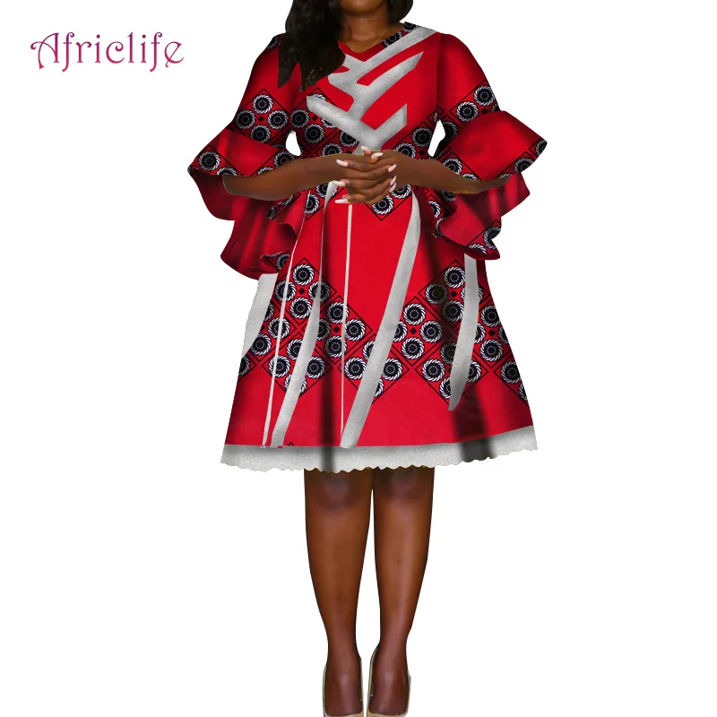 Кружевная Лоскутная африканская ткань с принтом, 100% хлопок, модные платья для женщин, v-образный вырез, Середина рукава, Юбка До Колена