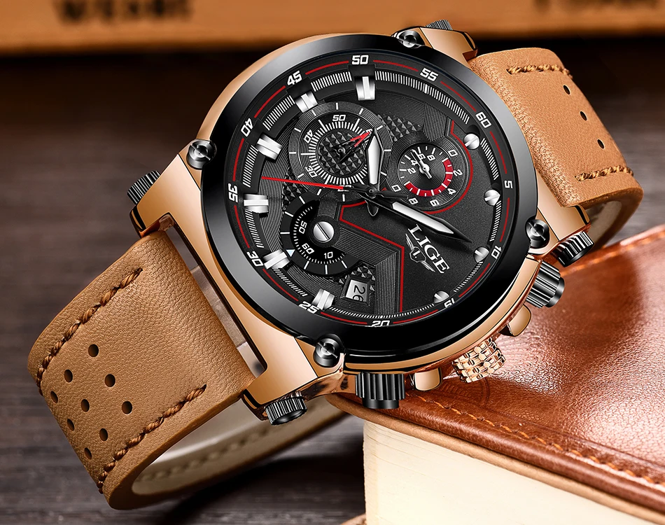 LIGE Men Luxury Waterproof Sport Wrist Watch Leather Automatic Date Quartz  3ATM