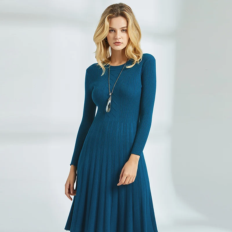 Tataria, вязаные платья для женщин, длина до колена, вязаные зимние платья, свитер для женщин, длинный рукав, тонкий свитер, платье для женщин, элегантное - Color: Blue