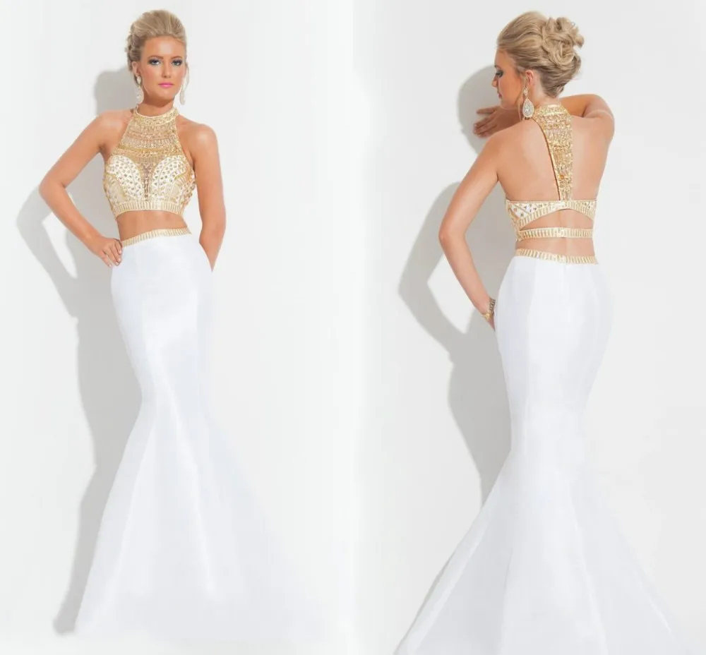 macy's white and gold prom dress