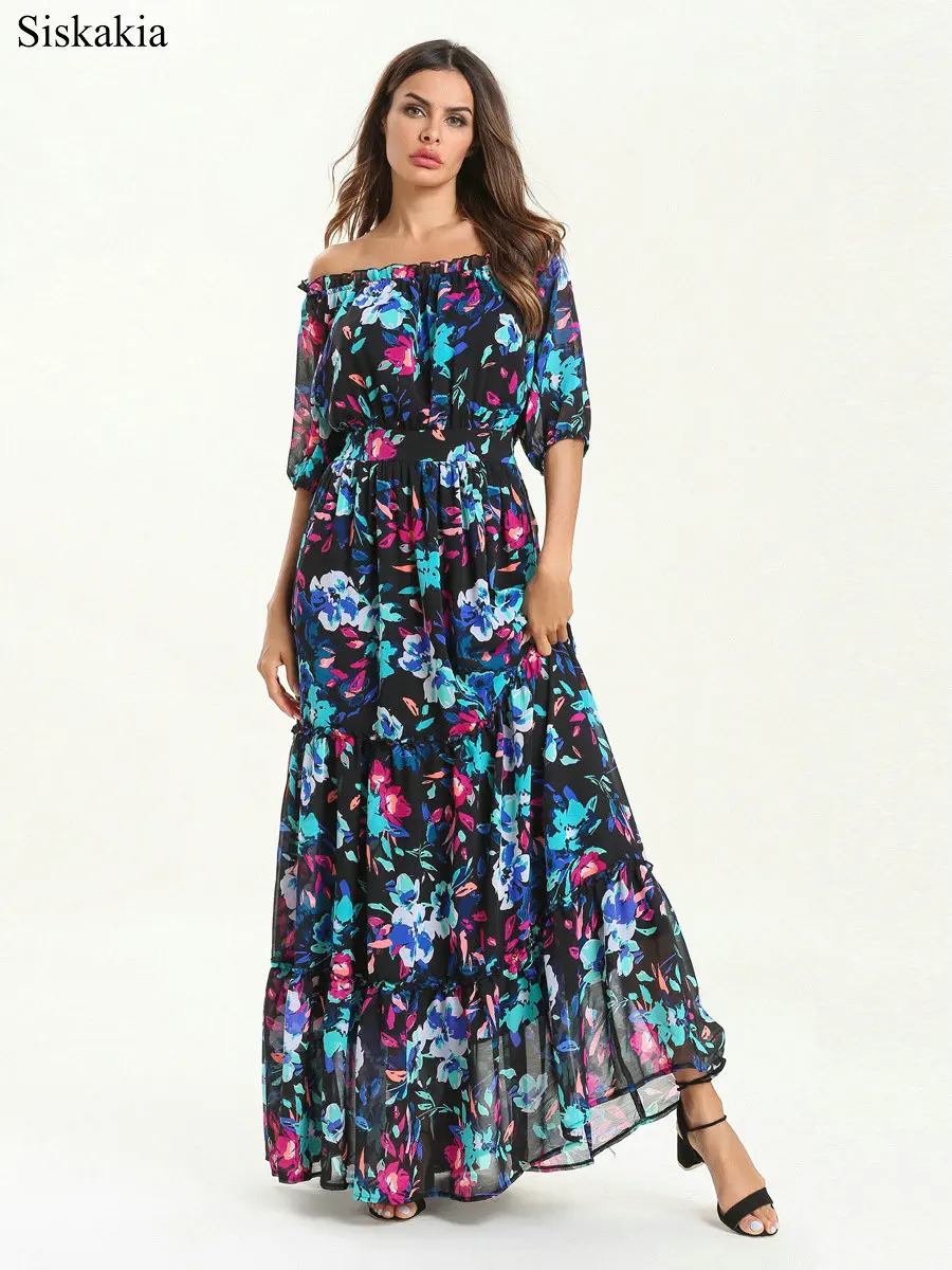 Siskakia Office Ladies Summer Dress Print Elastic Waist Slash Neck Wrapped Breast Long Dresses Color Chiffon Swing Female Dress (3)