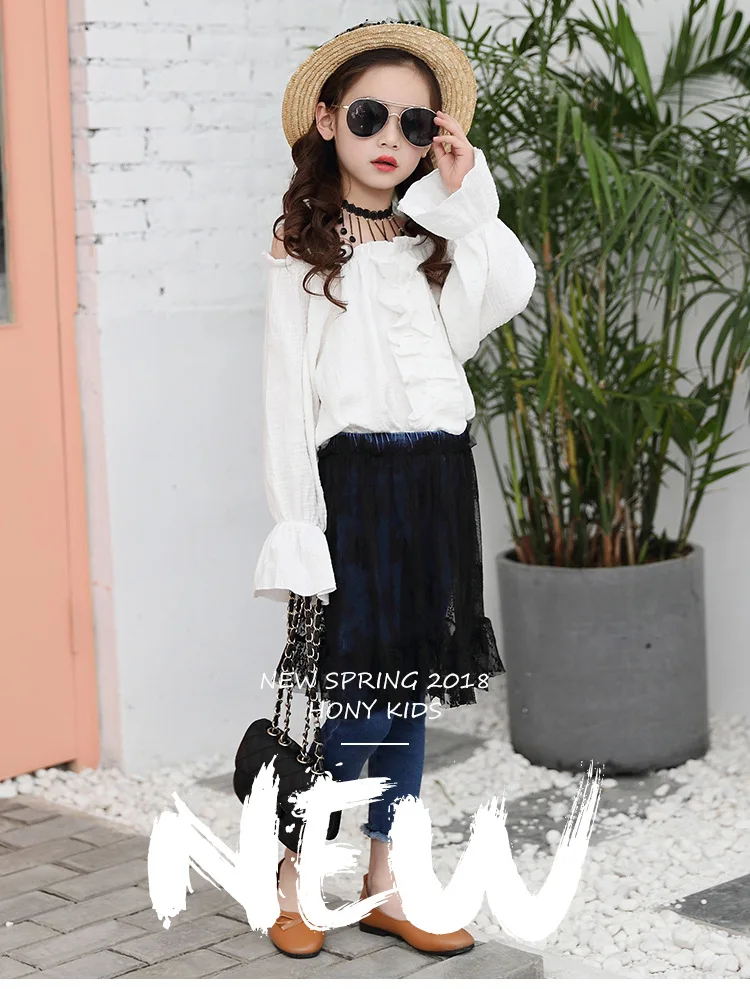 autumn fashion girls jeans with lace skirt 12 years old