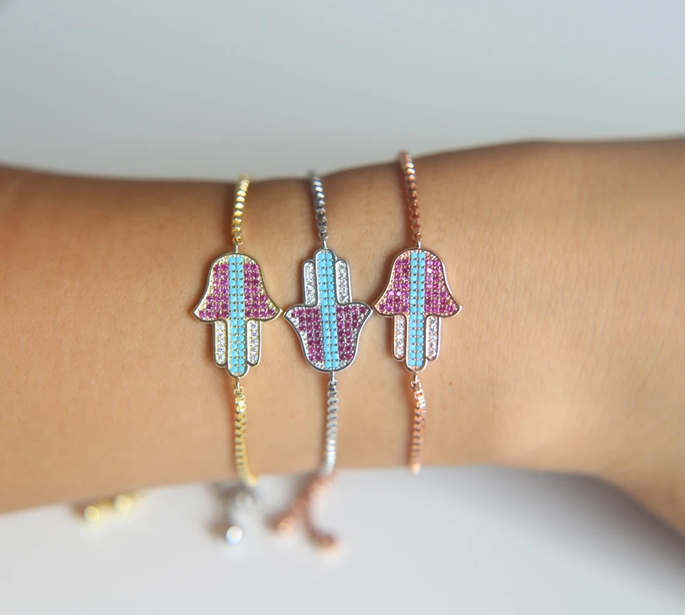 

Good Luck Hamsa Charm Bracelet Turkey hamsa CZ Fatima Hand Symbol Handmade Jewelry e colorful Silver Gold Color adjust bracelet