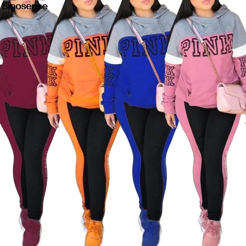New Spring Autumn Tracksuit Women Letter Pink Print Pink Sweat Suits