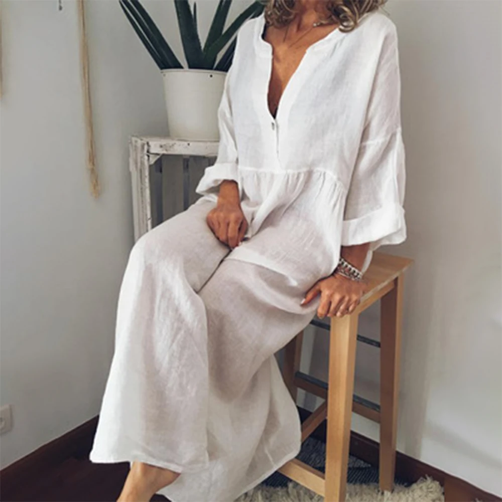 

Laamei Women 's Sexy Sleeveless Solid Loose Linen Midi Dress 2019 Summer Button Pleated Ladies Casual Beach Long Dresses