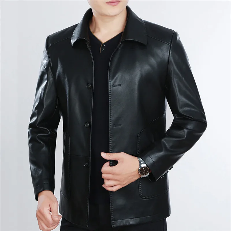 Spring Autumn Men Leather Jacket New Mens Business Casual Sheepskin Coats Plus Velvet Thick Loose Warm Male Outerwear N599 - Цвет: Black thick